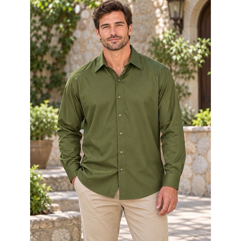 Eddie Bauer Shirt Mens XLT Olive Green Herringbone Cotton Long Sleeve Button Up